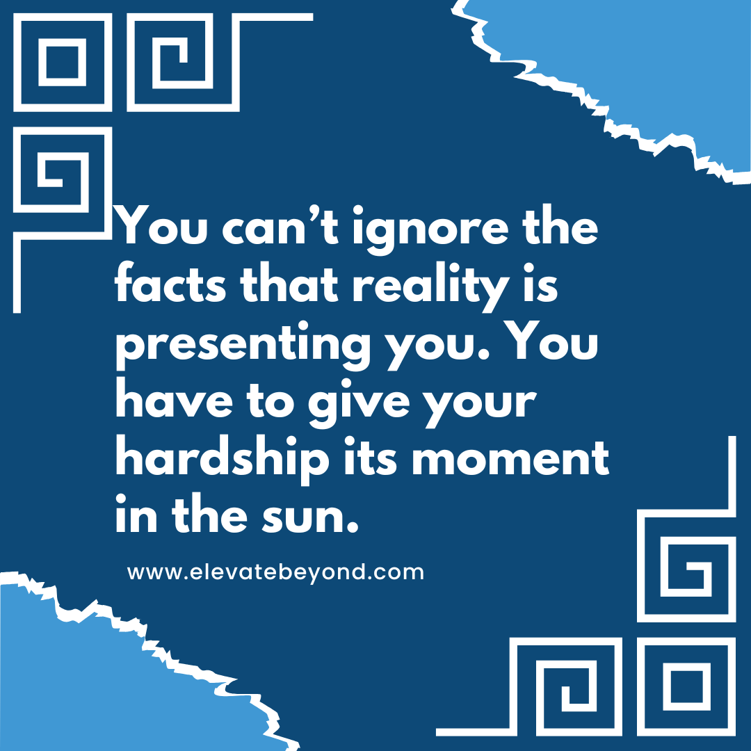 Image with the text, You can't ignore the facts that reality is presenting you. You have to give your hardship its moment in the sun.