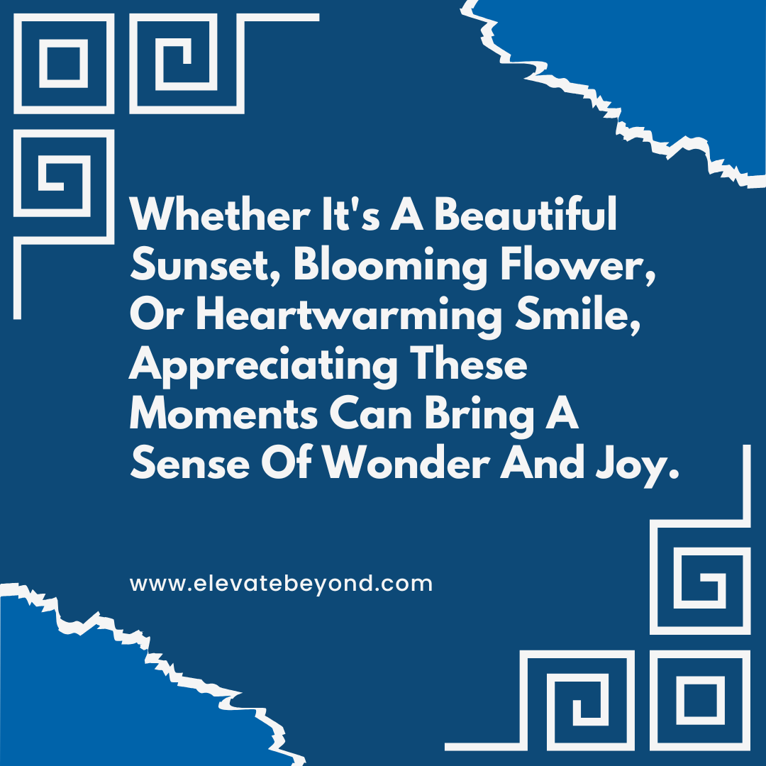 Image with text that reads Whether It's A Beautiful Sunset, Blooming Flower, Or Heartwarming Smile, Appreciating These Moments Can Bring A Sense Of Wonder And Joy.